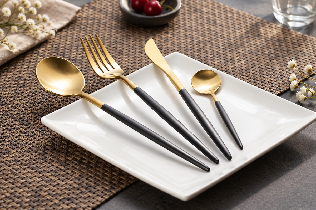Astrid gold and black four-piece flatware set fanned across a white plate