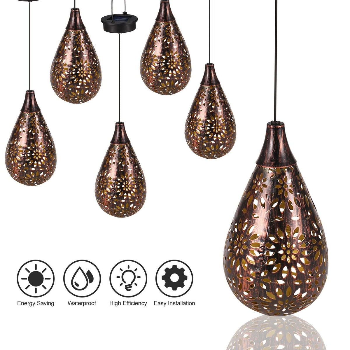 Solar droplet hanging garden lamp in copper finish with carved floral shade and feature icons