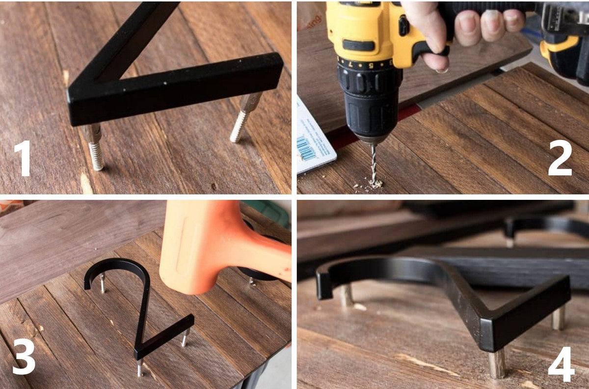Four-step installation guide for black zinc alloy house numbers with mounting pins