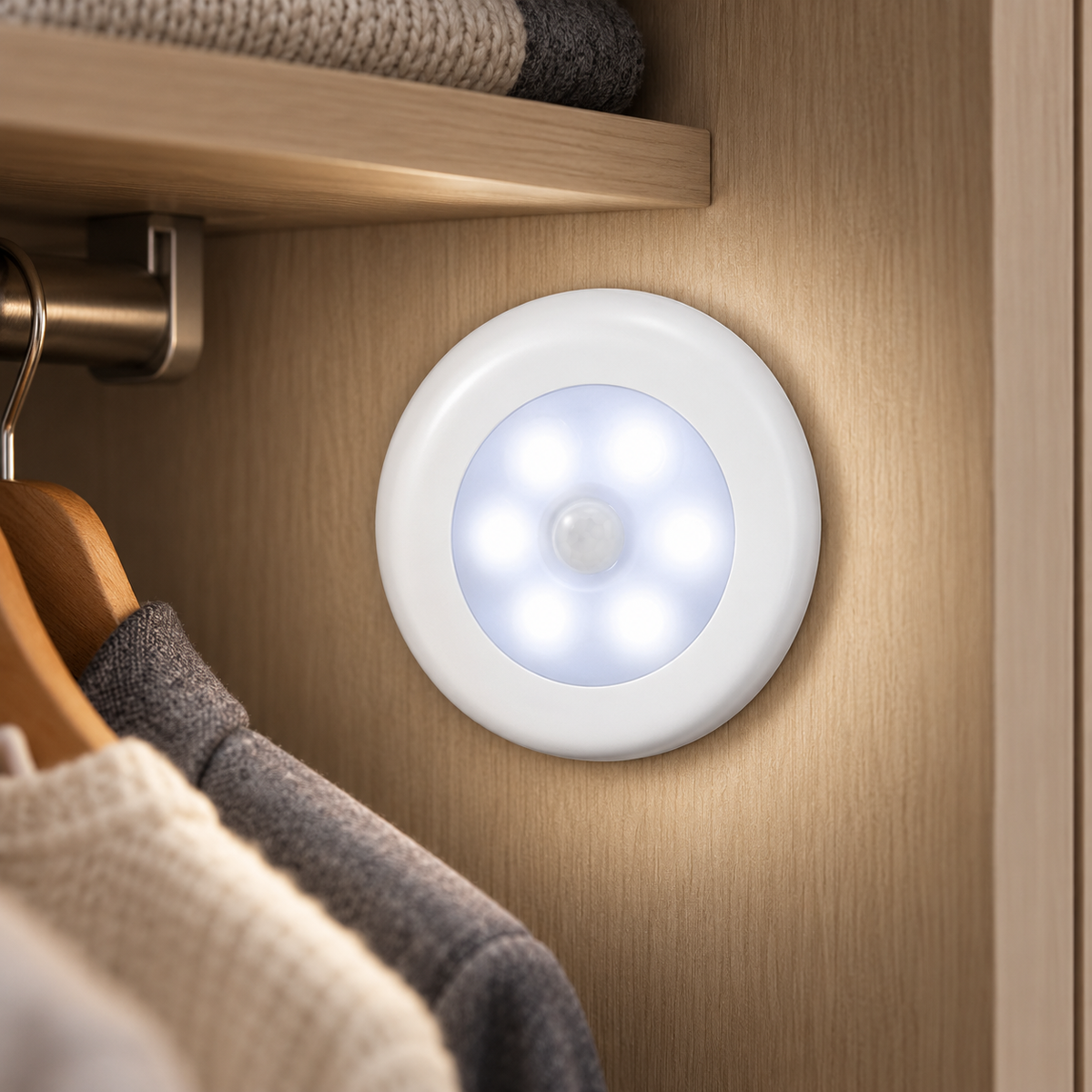 Kaja motion sensor night light in white, mounted inside a modern wardrobe