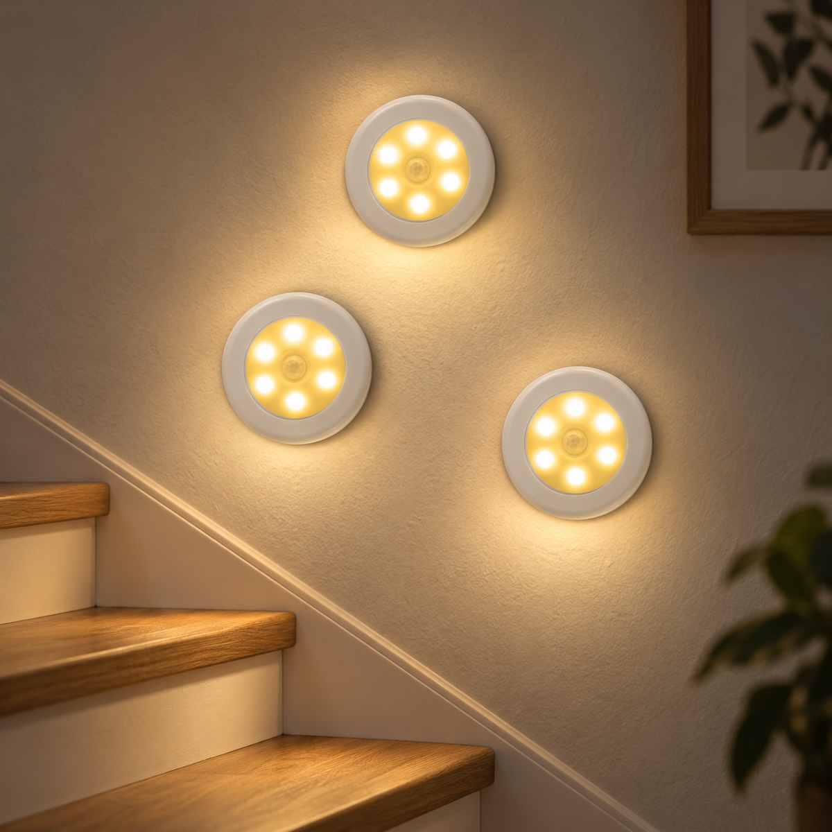 Three Kaja motion sensor night lights in warm white along a modern staircase