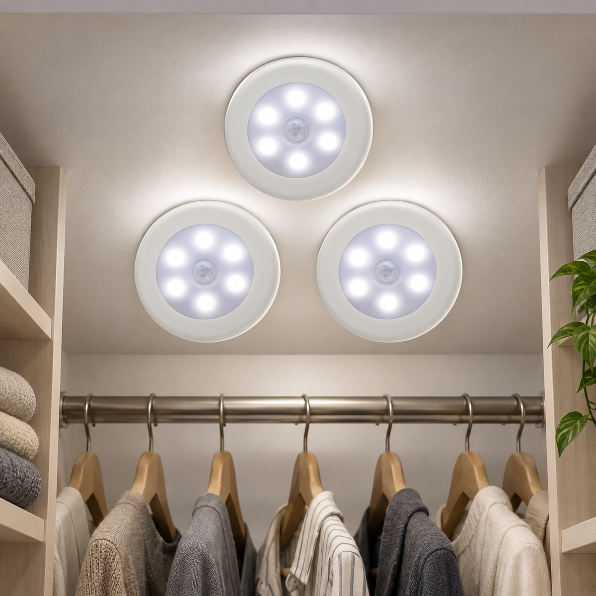 Three Kaja motion sensor night lights in white inside a contemporary wardrobe