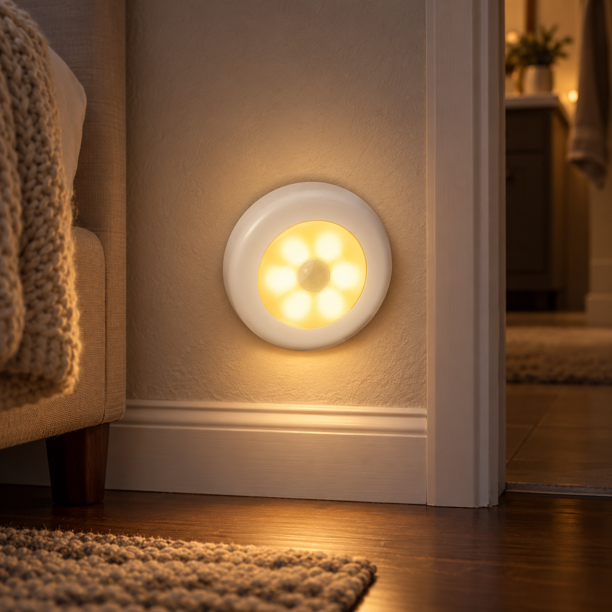 Kaja motion sensor night light in warm white beside a bedroom walkway