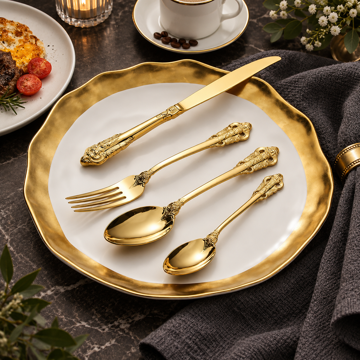 Solva gold vintage cutlery set on an ivory plate with charcoal linen