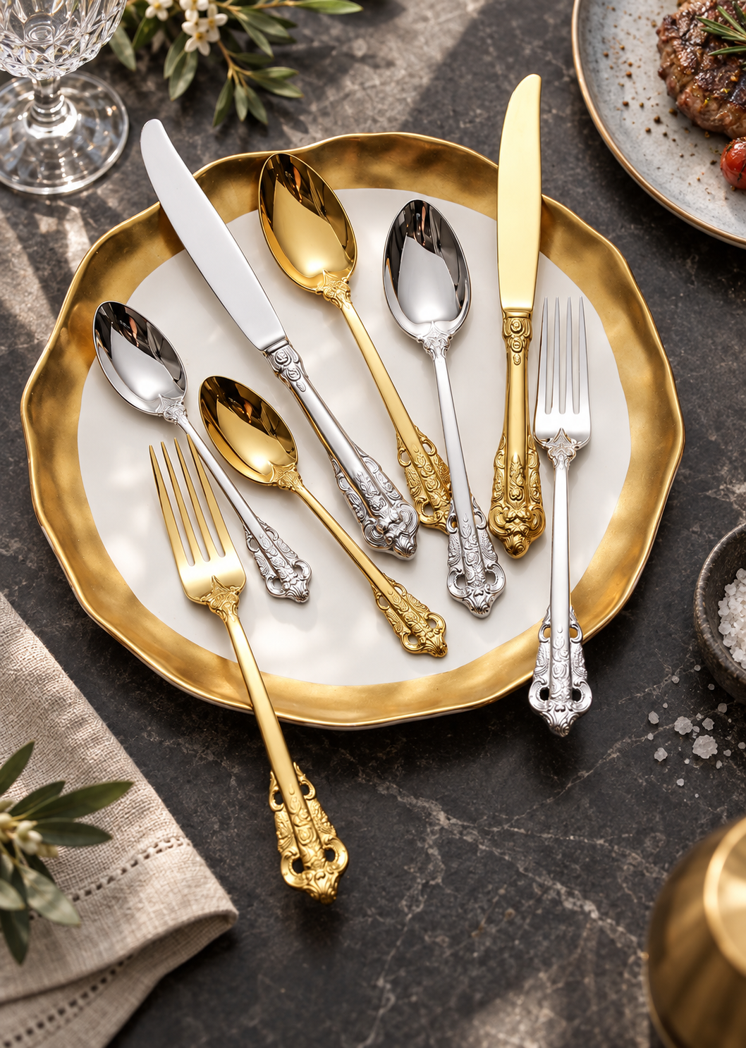Solva gold and silver vintage cutlery collection on an ivory plate