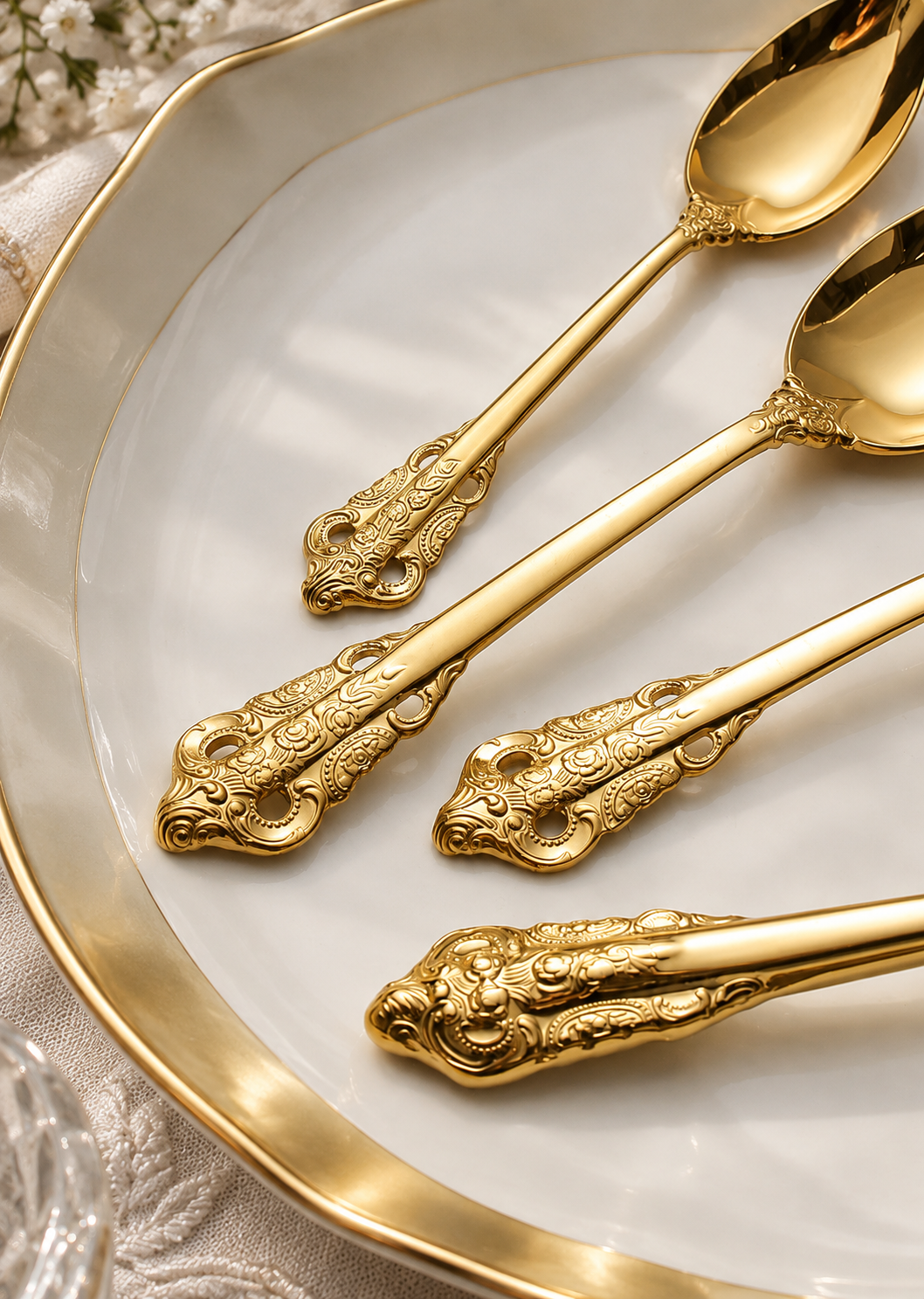 Close-up of Solva gold cutlery with ornate sculpted handles