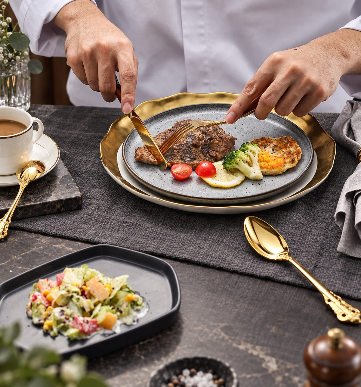 Solva gold vintage cutlery used at a classic breakfast setting