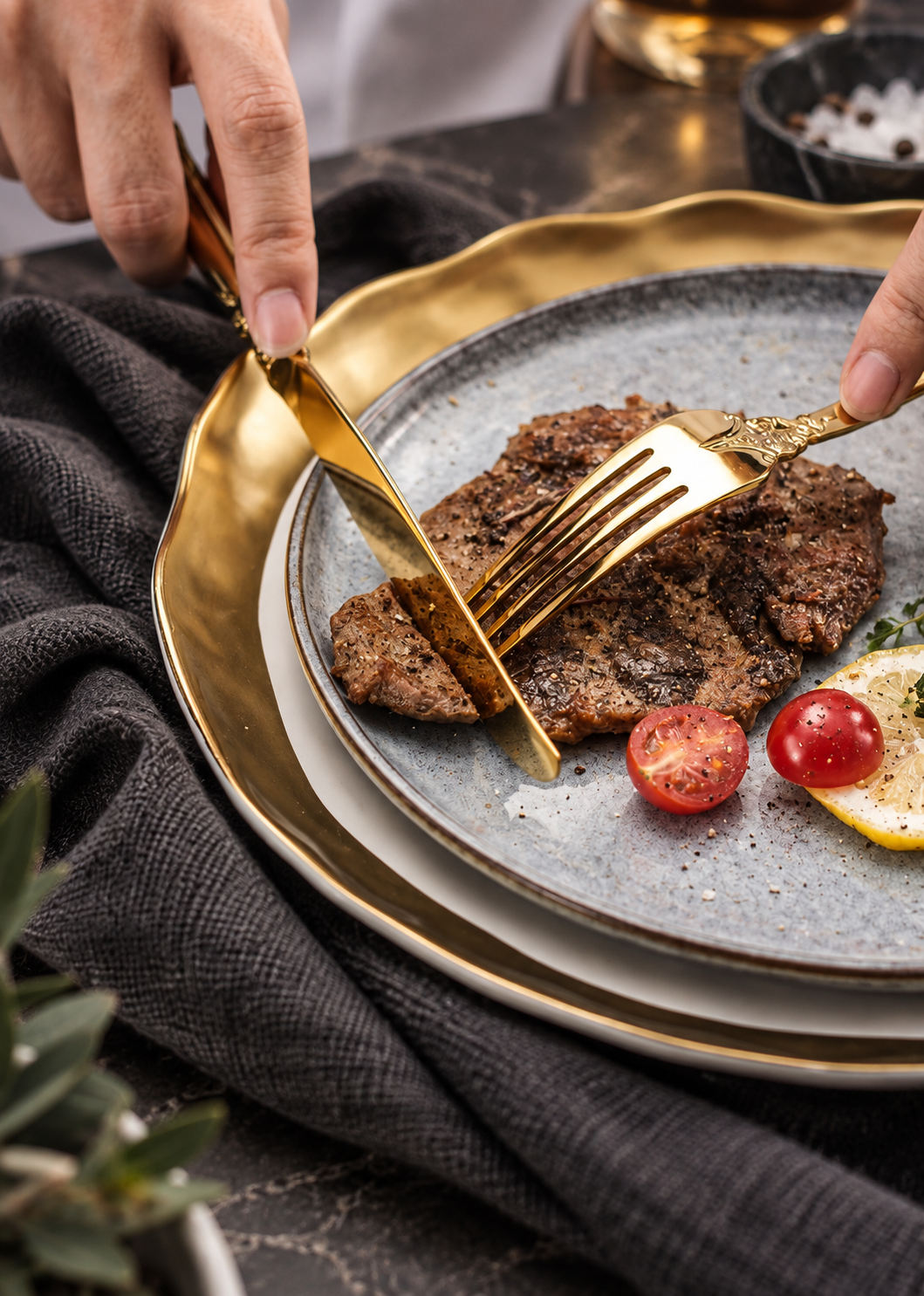 Close-up of Solva gold knife and fork with ornate handles