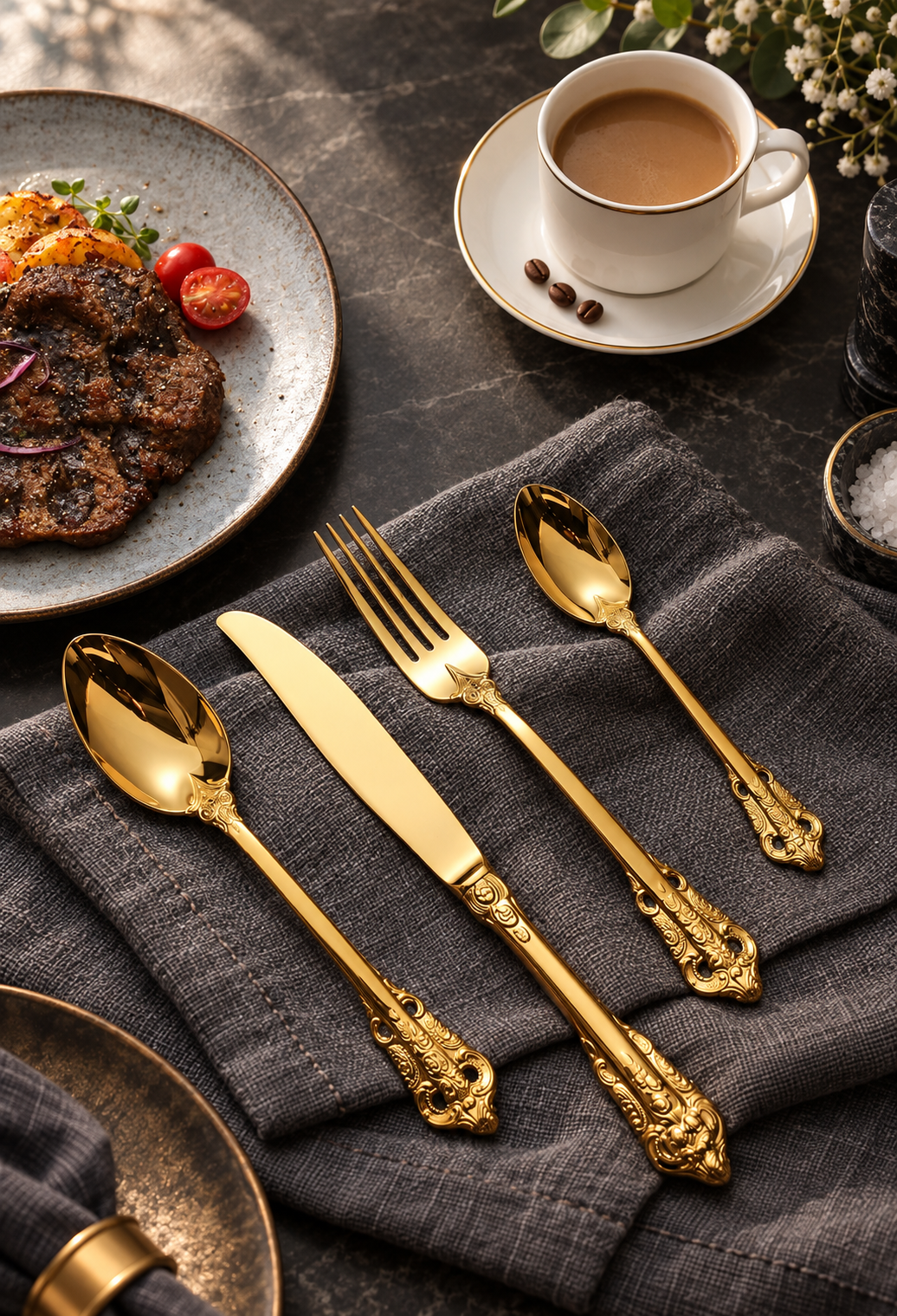 Solva gold four-piece vintage cutlery set on charcoal linen