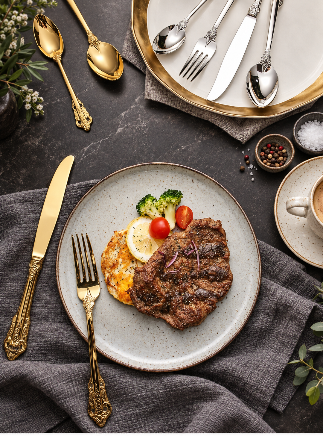 Solva gold and silver cutlery at an elegant dining table
