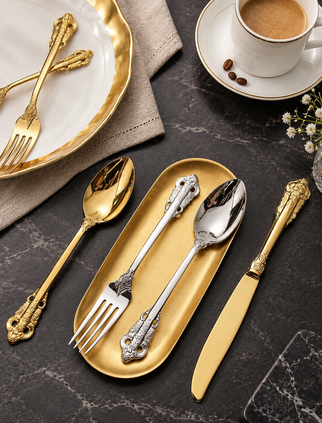 Solva gold and silver cutlery collection on a dark stone table