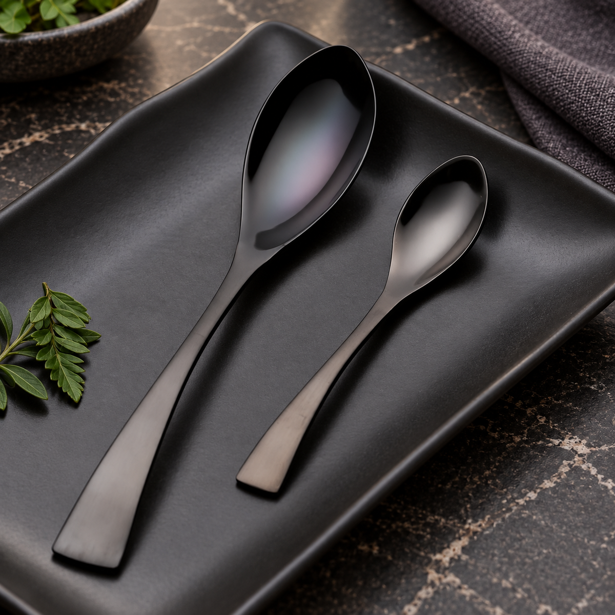 Vidar black metal tablespoon and teaspoon on a matte black plate