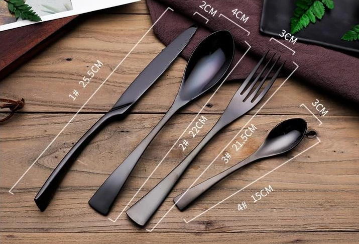 Vidar black cutlery dimensions: knife 25.5 cm, spoon 22 cm, fork 21.5 cm and teaspoon 15 cm