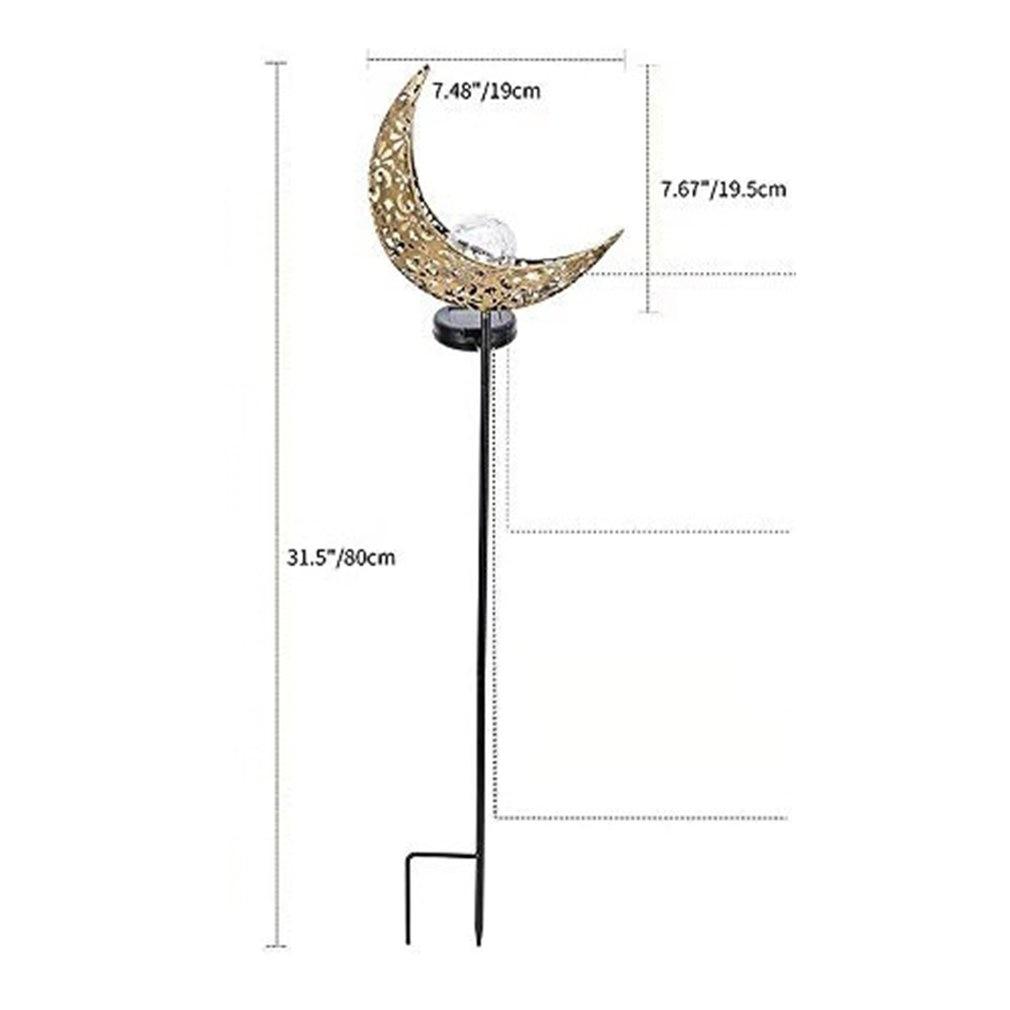 Solar crescent moon garden stake diagram showing 31.5-inch height and 7.48-inch crescent width