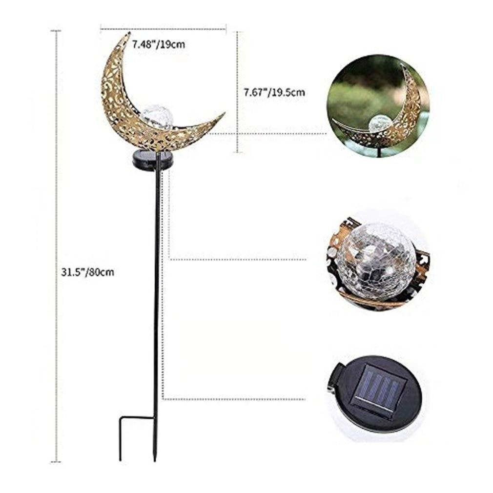 Solar crescent moon garden stake dimensions with globe, solar panel and full 31.5-inch stake