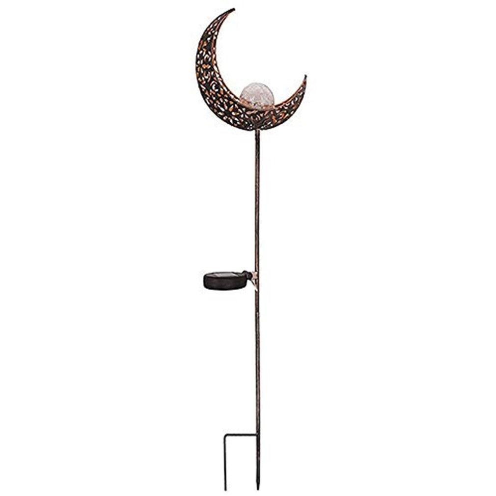 Solar crescent moon garden stake full view with side solar panel and twin ground prongs