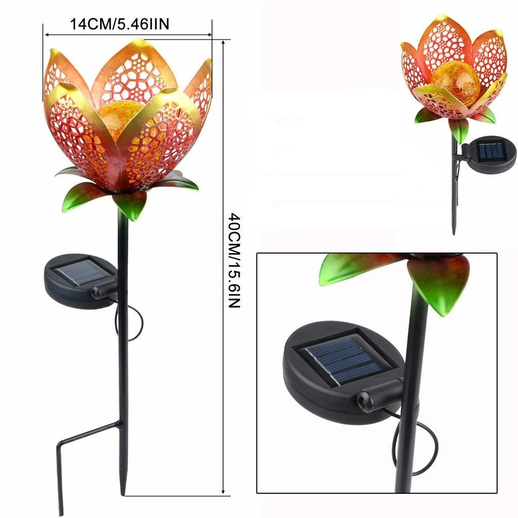 Idun gold flower stake light dimensions and close-up of solar panel