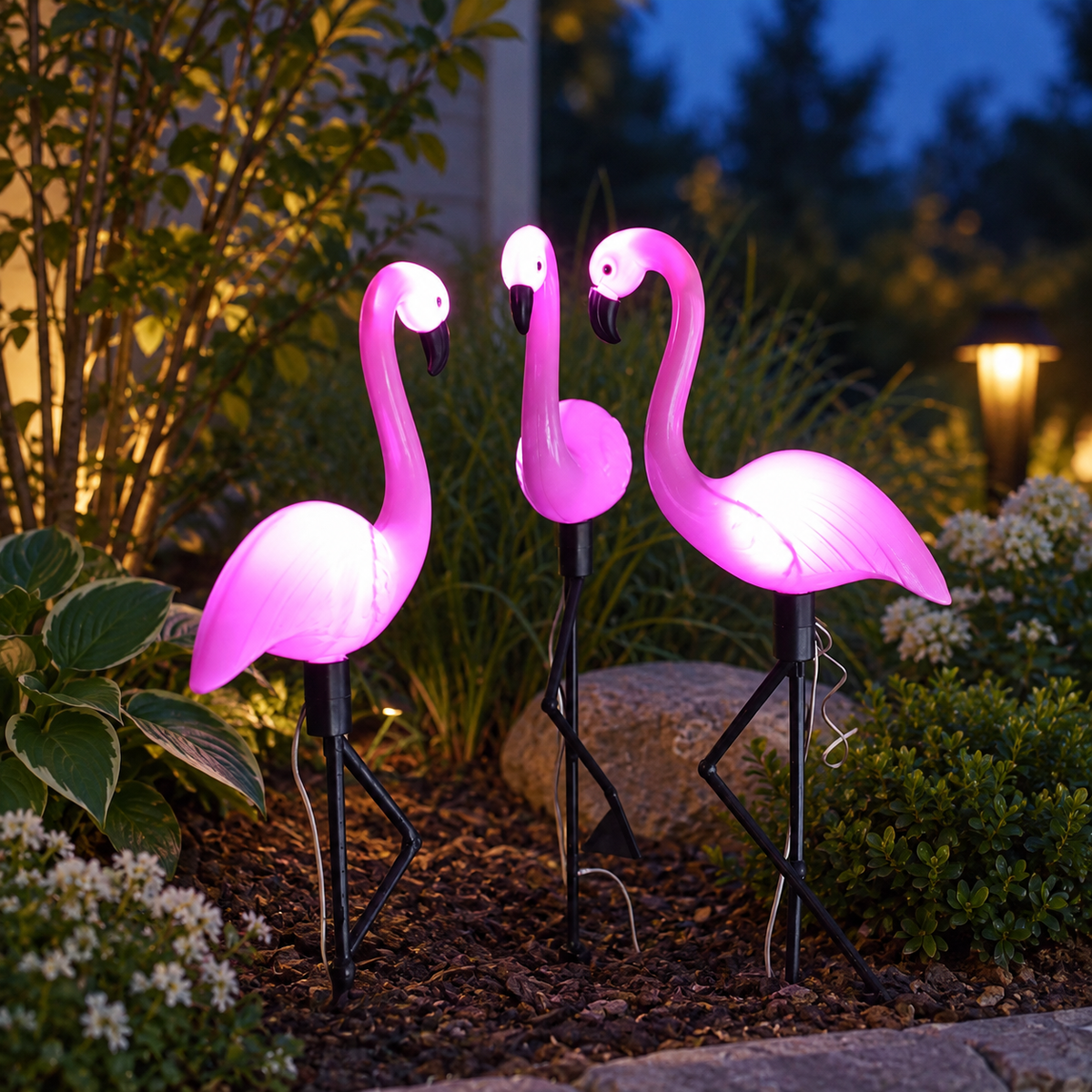 Solar flamingo garden stake lights glowing as a trio in a blue-hour flower bed