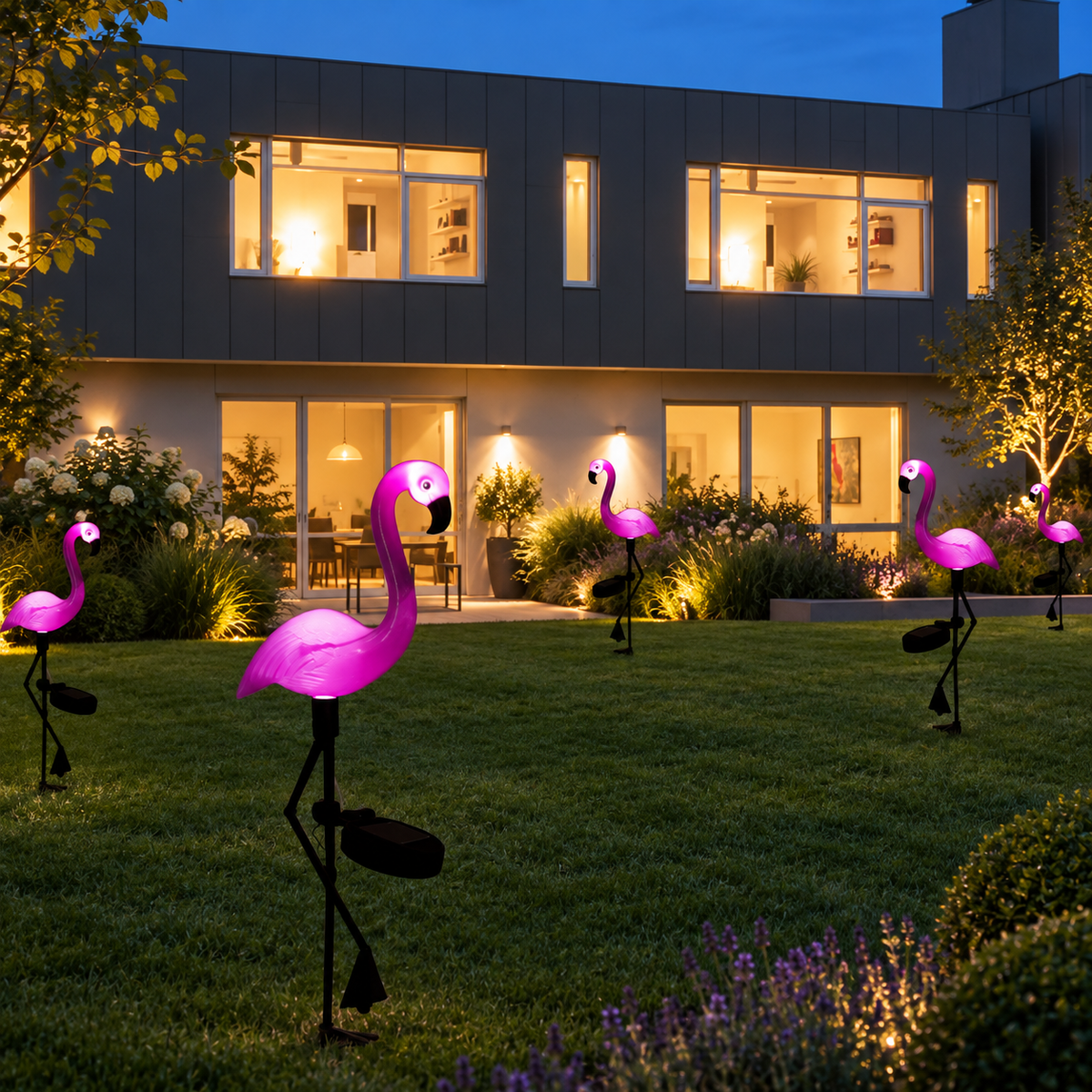 Solar flamingo garden stake lights glowing on a modern home lawn at blue hour