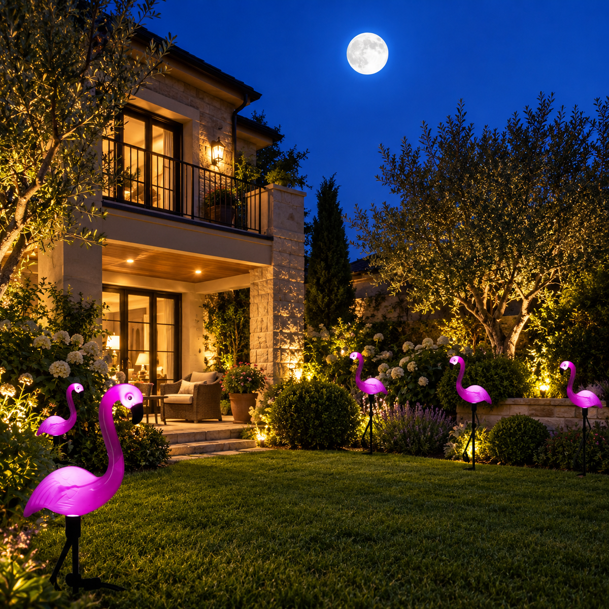 Solar flamingo garden stake lights glowing across a landscaped garden at night