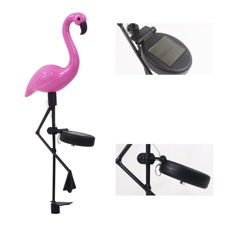 Solar flamingo garden stake light with close-up views of the solar panel and mount