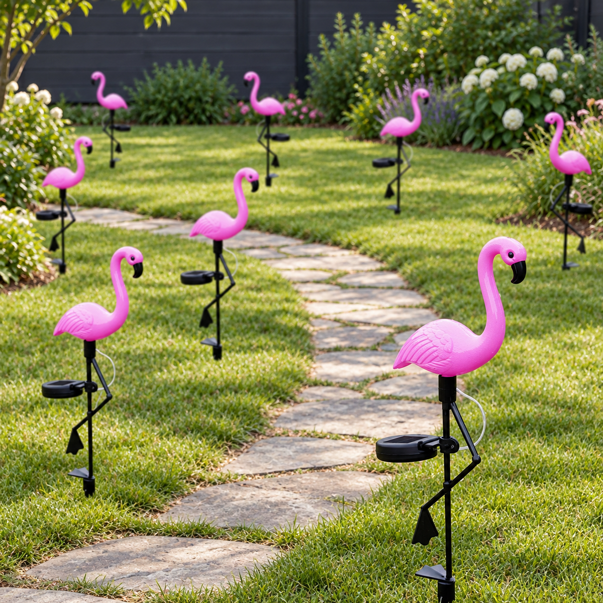 Solar flamingo garden stake lights arranged along a stone path in daylight