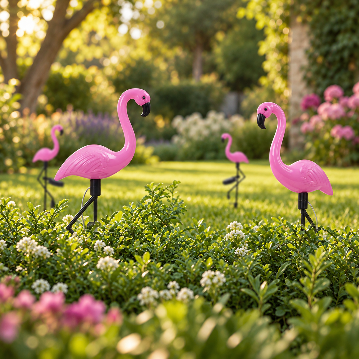 Solar flamingo garden stake lights placed across a sunlit flower garden