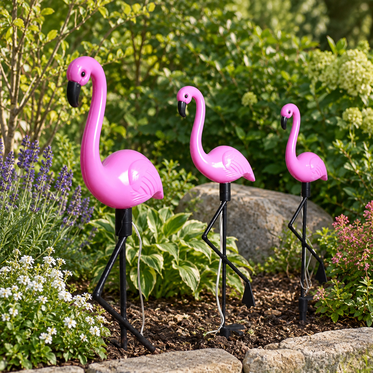 Three solar flamingo garden stake lights in a colorful planted garden border