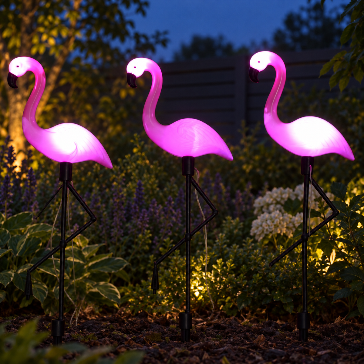 Three solar flamingo garden stake lights glowing in a planted border at blue hour