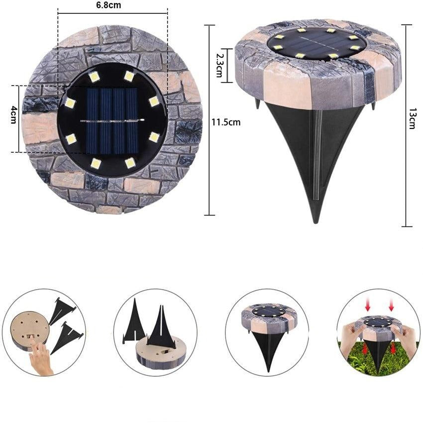 Stone solar pathway light dimensions and installation diagrams with top and side views