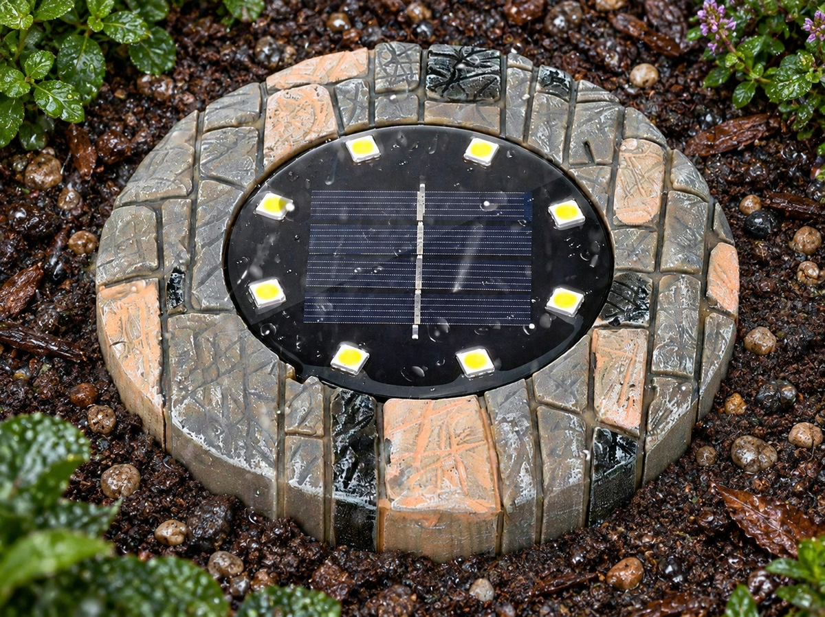 Stone solar pathway light installed in a rain-damp garden bed, showing the solar panel and eight LEDs