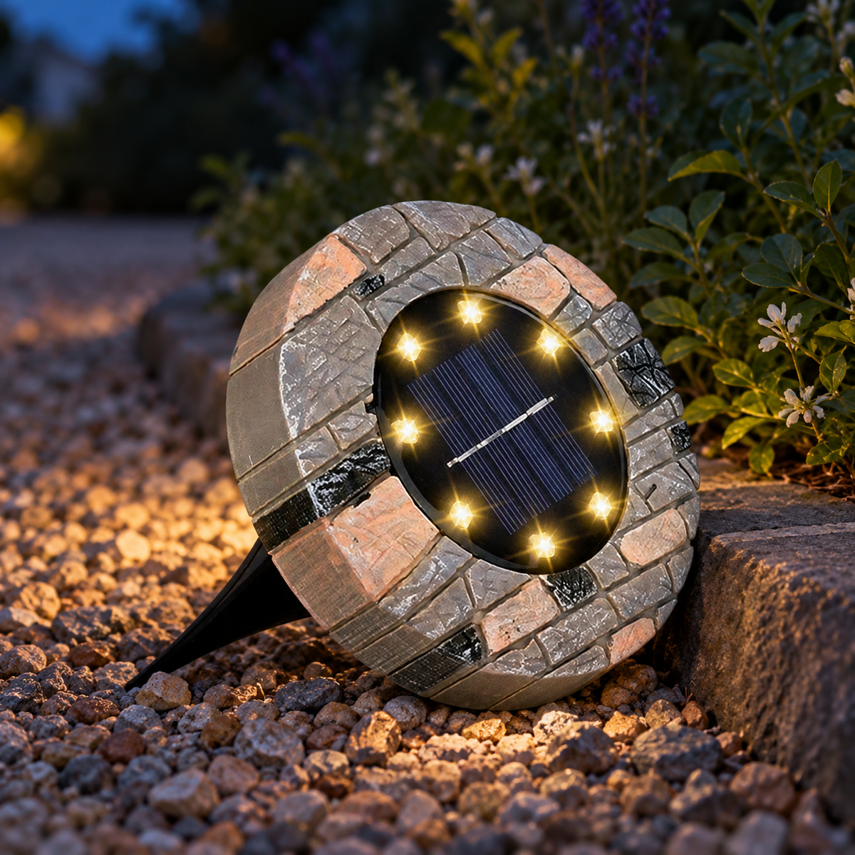 Stone solar pathway light with warm white LEDs glowing beside a gravel garden path at dusk