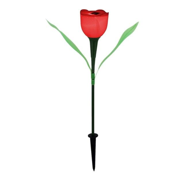 Red solar tulip garden stake light with green leaves and black soil stake