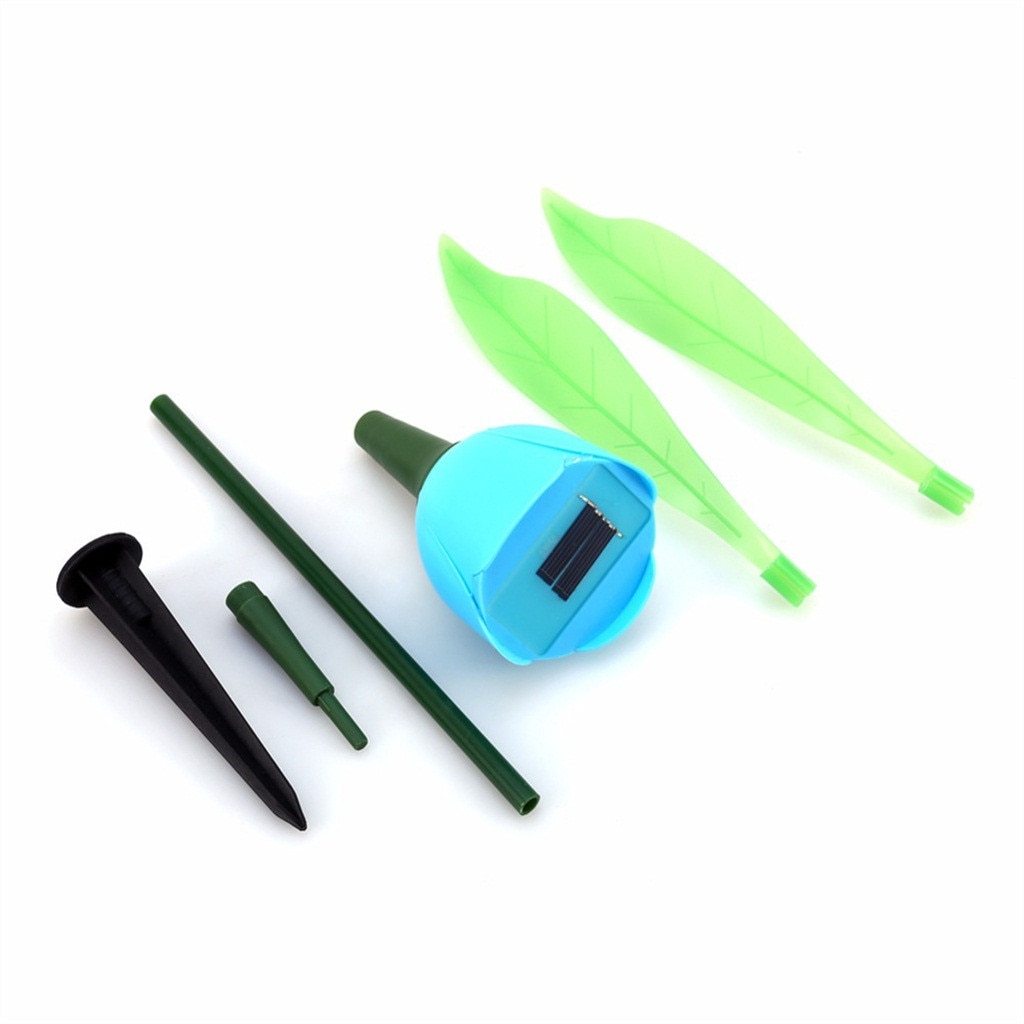Blue solar tulip garden stake light shown disassembled with stem, leaves and soil stake
